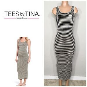 New. Navy and tan stripe TEES BY TINA stretch midi dress. OSFM